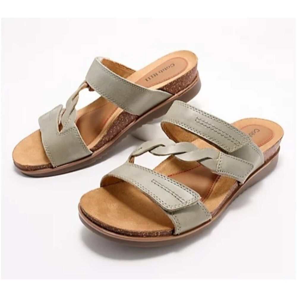 Cobb Hill May Leather Asymmetrical Slide Sandals Women’s 8 X Wide Sage Comfort